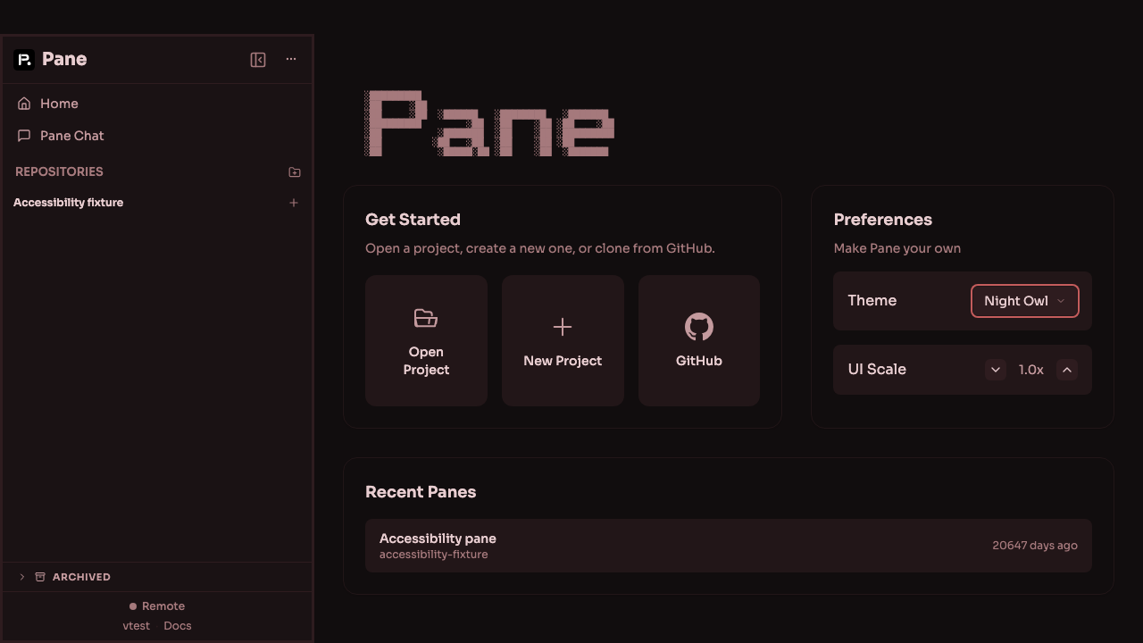Night Owl Home screen with axe-clean recent pane metadata