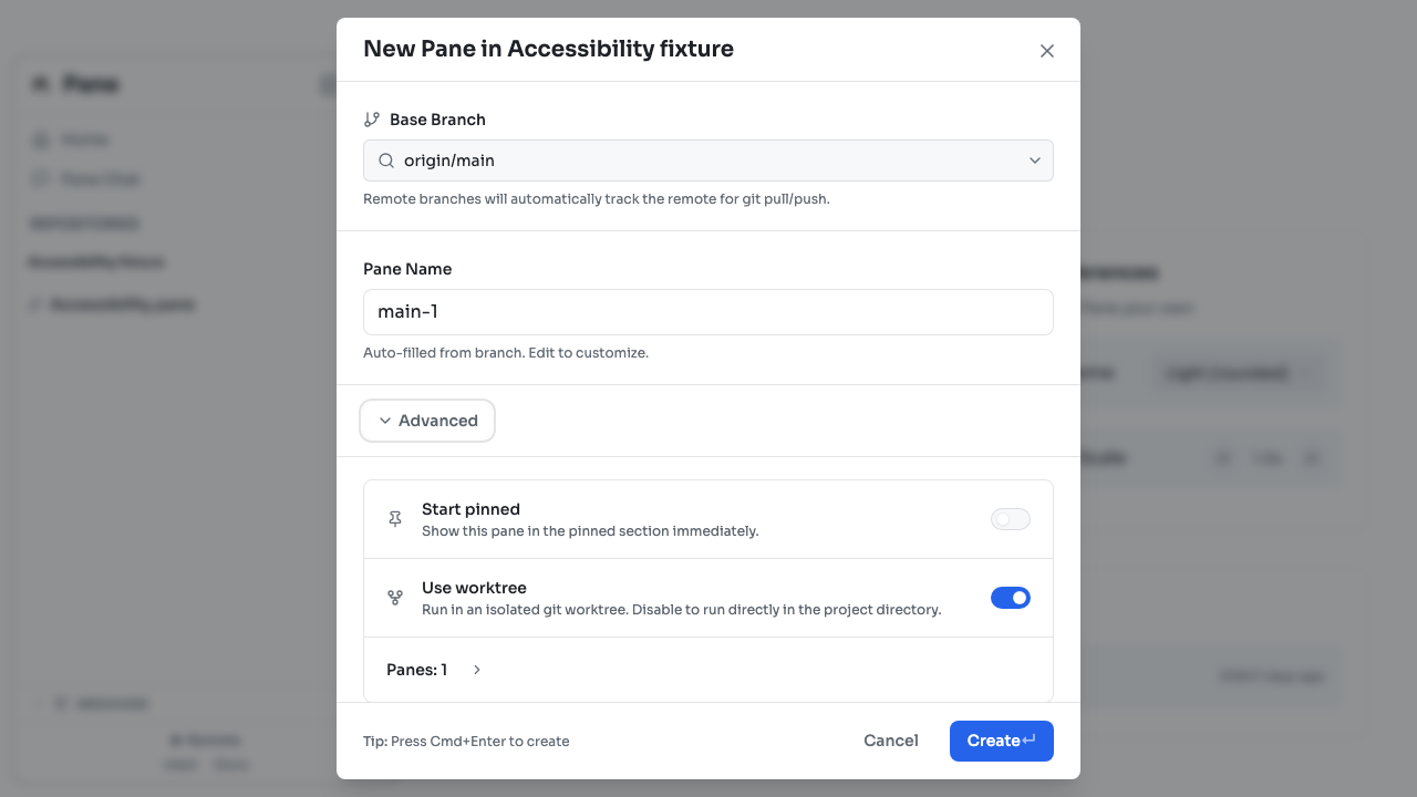 Desktop Create Pane advanced options after Escape handling fix